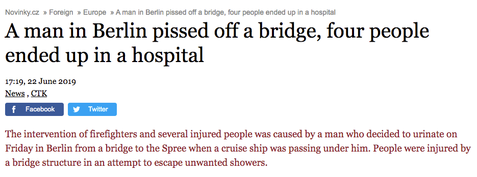 A man in Berlin pissed off a bridge, four people ended up in a hospital