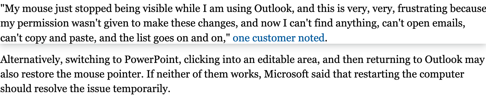 Microsoft says bug in classic Outlook hides the mouse pointer