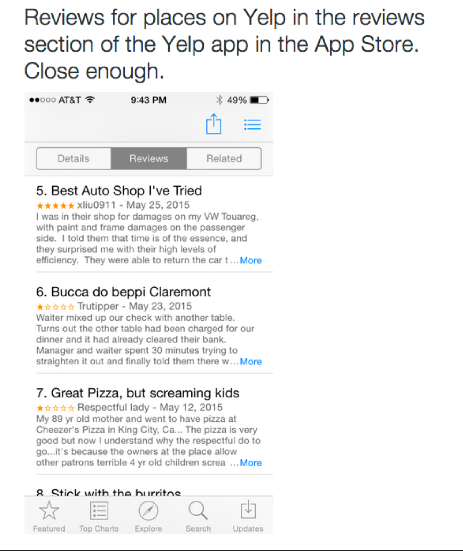Yelp reviews in Apple App Store