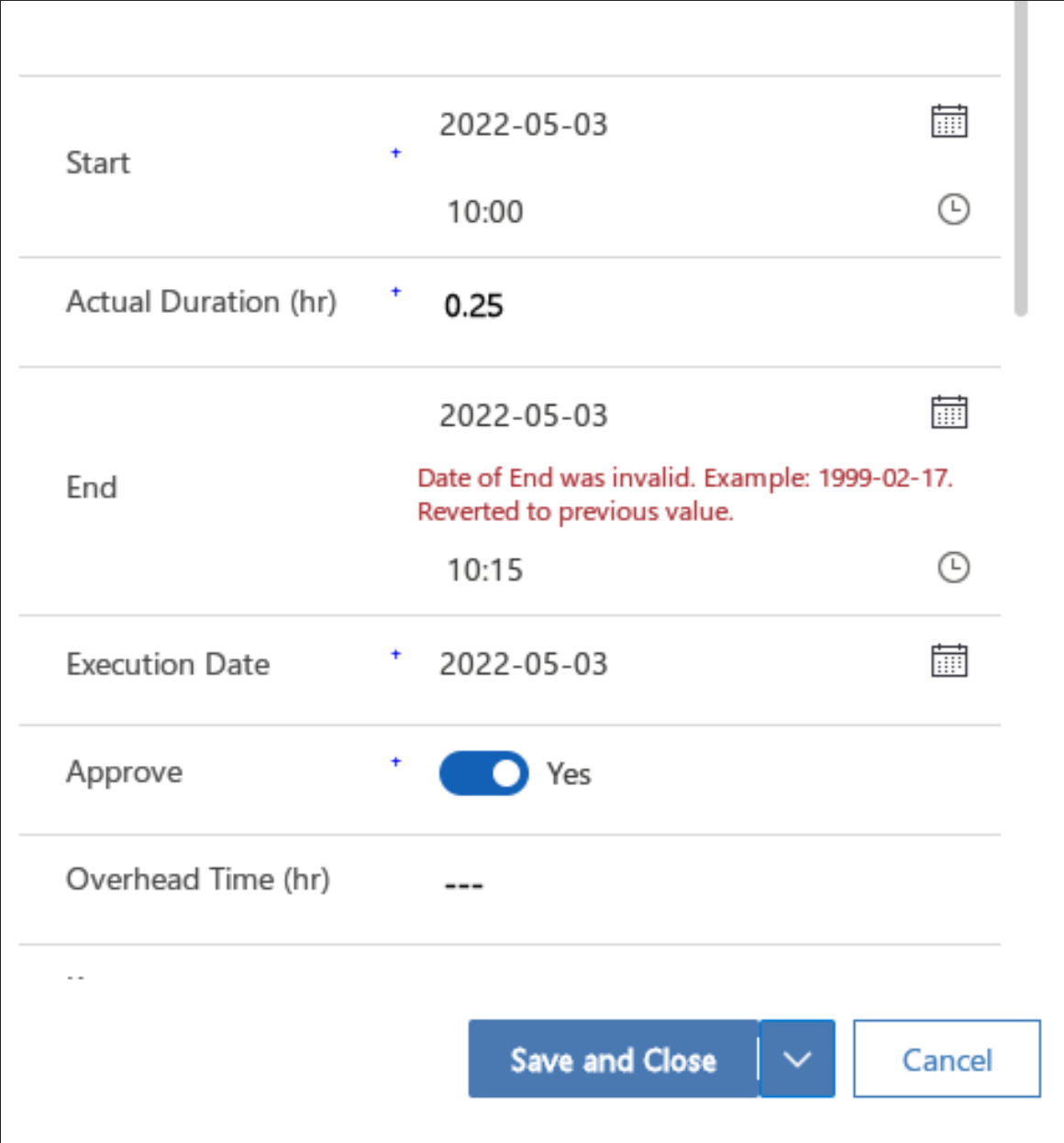 Date of End was invalid