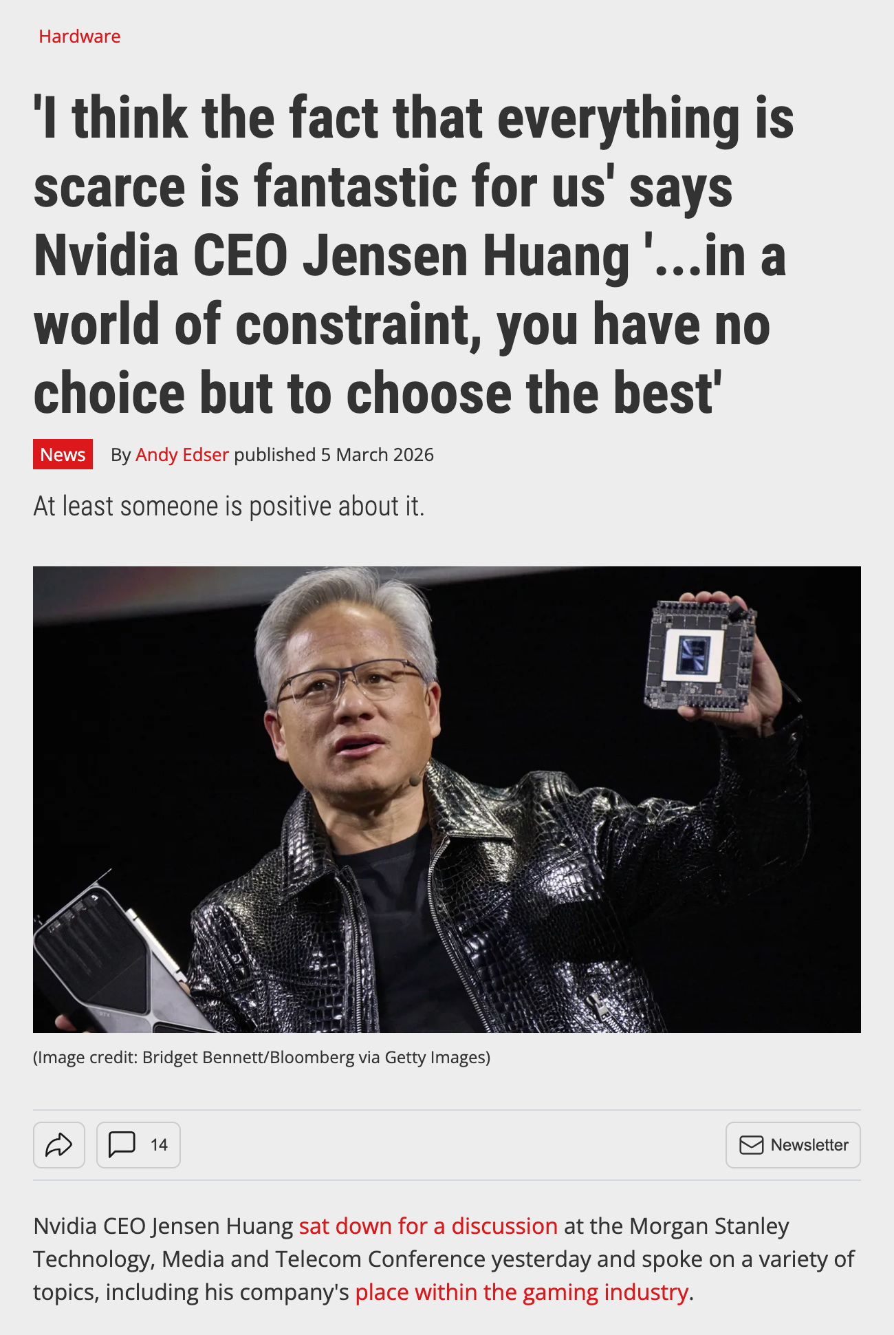 “I think the fact that everything is scarce is fantastic for us”, says Nvidia CEO