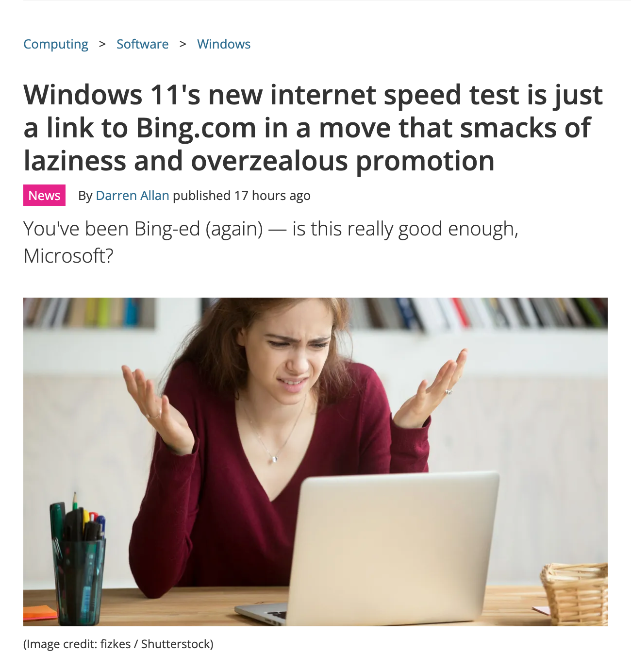 Windows 11's new internet speed test is just a link to Bing.com in a move that smacks of laziness and overzealous promotion