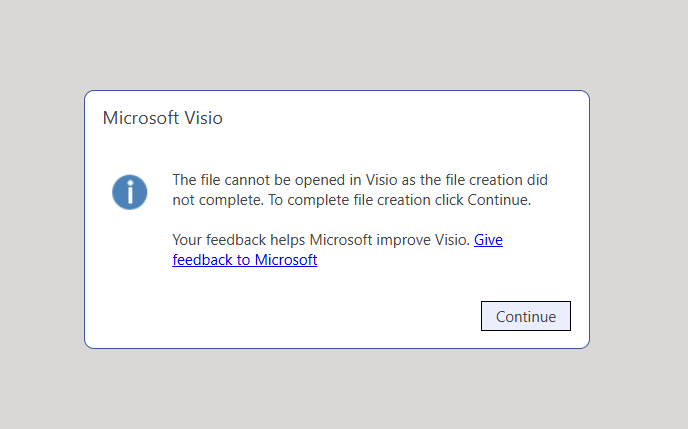 Microsoft Visio – To complete file creation click Continue