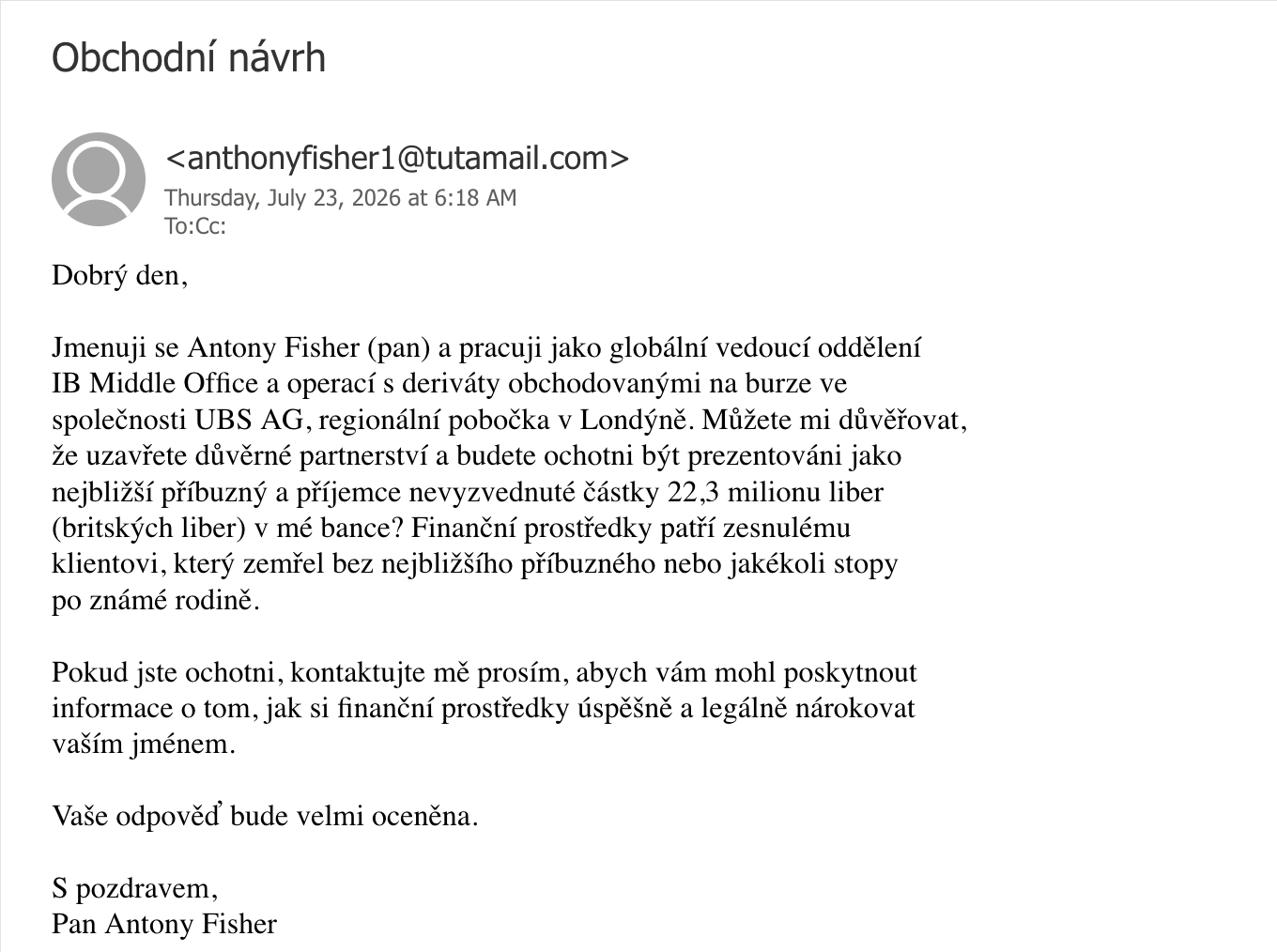 Obchodní návrh od Antony Fishera (pana) z IB Middle Offfice a operací s deriváty