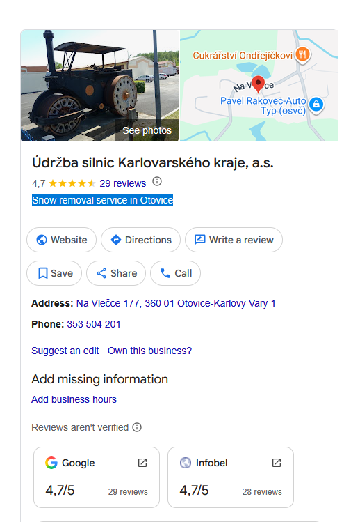 Údržba silnic Karlovarského kraje, a.s. = Snow removal service in Otovice