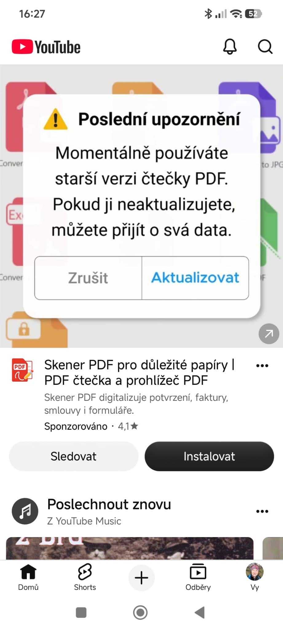 [Czech] YouTube app experience without ad blocking