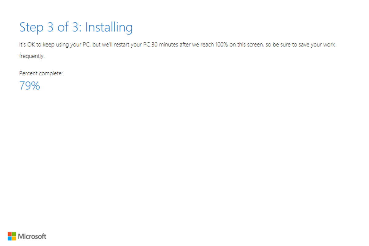 It’s OK to keep using your PC, but we’ll retart your PC 30 minutes after we reach 100% on this screen.